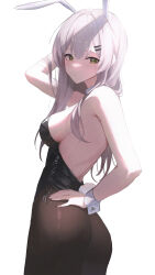 Rule 34 | 1girl, absurdres, animal ears, arm up, armpit crease, ass, bad id, bad pixiv id, bare arms, bare shoulders, black leotard, black pantyhose, breasts, commentary, cowboy shot, detached collar, english commentary, fake animal ears, fake tail, from side, green eyes, grey hair, hair intakes, hair ornament, hairclip, hand in own hair, hand on own hip, highleg, highleg leotard, highres, huhi (huhi 1211), leotard, long hair, looking at viewer, medium breasts, original, pantyhose, playboy bunny, rabbit ears, rabbit tail, side-tie leotard, sideboob, sidelocks, solo, strapless, strapless leotard, tail, virtual youtuber, white wrist cuffs, wrist cuffs