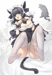 Rule 34 | 1girl, absurdres, animal ears, apron, azur lane, banxuan c2ka, bed sheet, black hair, blurry, blush, breasts, cat, cat ears, cat tail, cheshire (azur lane), cleavage, cleavage cutout, clothing cutout, depth of field, fang, full body, green eyes, hair intakes, highres, large breasts, long hair, looking at viewer, lying, m legs, maid apron, maid headdress, multicolored hair, no shoes, on back, open mouth, panties, paw pose, raised eyebrows, shirt, slit pupils, smile, solo, streaked hair, tail, thighhighs, underwear, white panties, white shirt, white thighhighs, wrist cuffs