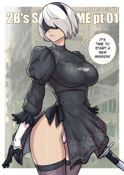 Rule 34 | 1girl, 2b (nier:automata), black blindfold, black hairband, black thighhighs, blindfold, breasts, covered eyes, english text, feather-trimmed sleeves, feather trim, grey hair, hairband, juliet sleeves, katana, large breasts, leotard, long sleeves, mole, mole under mouth, nier:automata, nier (series), puffy sleeves, redjet, short hair, solo, speech bubble, sword, thighhighs, weapon, white leotard