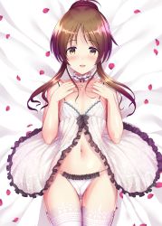 Rule 34 | 1girl, :d, absurdres, breasts, brown eyes, brown hair, choker, commentary request, frilled panties, frills, hands on own chest, highres, idolmaster, idolmaster cinderella girls, lingerie, looking at viewer, lying, ment, navel, on back, open clothes, open mouth, panties, petals, sidelocks, small breasts, smile, solo, takamori aiko, thigh gap, thighhighs, underwear, white panties, white thighhighs