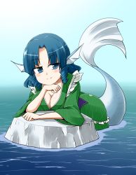 Rule 34 | 1girl, blue eyes, blue hair, breasts, cleavage, elbow rest, fins, fish tail, head fins, japanese clothes, kimono, kousei (public planet), large breasts, matching hair/eyes, mermaid, monster girl, solo, tail, touhou, wakasagihime