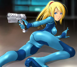 Rule 34 | 1girl, ass, blonde hair, blue eyes, bodysuit, cameltoe, cleft of venus, covered erect nipples, from behind, gun, long hair, looking at viewer, looking back, lying, metroid, nintendo, on side, outstretched arm, ponytail, samus aran, shuuji (shumi), skin tight, solo, spread legs, weapon, zero suit