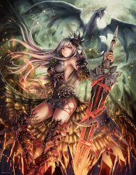 Rule 34 | 1girl, absurdres, anbe yoshirou, armor, armored boots, bare shoulders, black dress, boots, breasts, claymore (sword), closed mouth, detached sleeves, dragon, dress, embers, feet out of frame, hair ornament, highres, holding, holding weapon, long hair, long sleeves, looking at viewer, medium breasts, o-ring, open mouth, outdoors, red eyes, shinma x keishou! ragnabreak, side slit, silver hair, solo focus, standing, thigh boots, thighhighs, tyrfing (shinma x keishou! ragnabreak), weapon