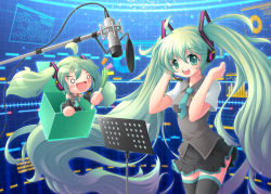 Rule 34 | ahoge, chibi, detached sleeves, green eyes, green hair, hachune miku, hatsune miku, headset, long hair, microphone, microphone stand, music stand, necktie, project diva, project diva (series), skirt, smile, spring onion, studio microphone, syaron, thighhighs, twintails, very long hair, vocaloid