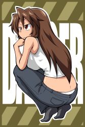 Rule 34 | 1girl, breasts, brown eyes, brown hair, character request, chiki (chikibw), copyright request, denim, jeans, large breasts, pants, solo, tagme