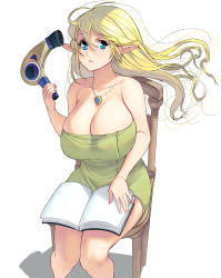 Rule 34 | 1girl, blonde hair, blush, book, breasts, chair, cleavage, elf, hair dryer, highres, holding, huge breasts, jewelry, kouno (masao), long hair, necklace, open book, original, parted lips, pointy ears, shadow, simple background, sitting, solo, towel, white background
