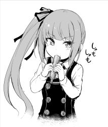 Rule 34 | 10s, 1girl, buttons, commentary request, dress, eating, eyebrows, greyscale, hair ribbon, holding, ishima yuu, kantai collection, kasumi (kancolle), kasumi kai ni (kancolle), long hair, long sleeves, looking at viewer, monochrome, ribbon, school uniform, serafuku, side ponytail, simple background, sleeveless, sleeveless dress, solo, suspenders, tupet, upper body, white background