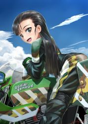 Rule 34 | 10s, 1girl, abazu-red, alternate costume, asymmetrical bangs, black gloves, black jacket, black pants, brown eyes, brown hair, camouflage, casual, cloud, cloudy sky, commentary request, day, from side, girls und panzer, gloves, highres, jacket, leather, leather jacket, leather pants, long hair, long sleeves, looking at viewer, looking back, matching hair/eyes, motor vehicle, motorcycle, nishi kinuyo, open mouth, outdoors, pants, riding, sitting, sky, smile, solo, vehicle request