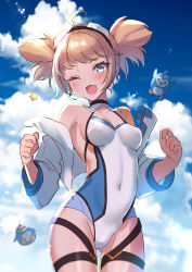 Rule 34 | 1girl, :d, ahoge, bare shoulders, bird, blonde hair, blue eyes, blue sky, blue theme, blush, breasts, cloud, covered navel, cowboy shot, day, earrings, fang, female focus, goggles, goggles on head, granblue fantasy, highres, jewelry, lens flare, leotard, looking at viewer, one eye closed, open mouth, outdoors, pengie, penguin, rojione, skin fang, sky, smile, solo focus, star (symbol), twintails, wink