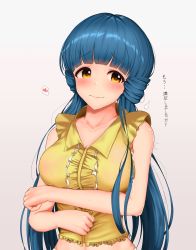 Rule 34 | 1girl, absurdres, armpit sex, armpits, blue hair, blush, breasts, brown eyes, cleavage, commentary, cum, cum on armpits, cum on body, embarrassed, frottage, ggim (kdnx8758), heart, highres, idolmaster, idolmaster million live!, kitakami reika, long hair, low twintails, medium breasts, midriff, out of frame, penis, penis under another&#039;s clothes, solo focus, spoken heart, symbol-only commentary, translated, twintails