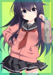 Rule 34 | 1girl, akatsuki (kancolle), anchor symbol, artist name, black hair, black sailor collar, black skirt, black thighhighs, cardigan, character name, commentary request, cowboy shot, green background, grey eyes, highres, inaba shiki, kantai collection, long hair, looking at viewer, neckerchief, pink cardigan, red neckerchief, sailor collar, school uniform, serafuku, skirt, smile, solo, striped, striped background, thighhighs