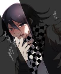 Rule 34 | 1boy, :q, blush, checkered clothes, checkered neckwear, checkered scarf, clenched hand, commentary request, danganronpa (series), danganronpa v3: killing harmony, finger to mouth, flipped hair, grey jacket, hair between eyes, hands up, highres, jacket, male focus, oma kokichi, scarf, short hair, solo, sumika (rrz03), tongue, tongue out, translation request, upper body, white background