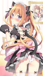 Rule 34 | 1girl, alternate costume, animal ear fluff, animal ears, animal hands, artist self-reference, ass, backless dress, backless outfit, black dress, black gloves, blonde hair, blue eyes, blurry, blurry background, blush, bow, cat ears, cat tail, closed mouth, commentary request, depth of field, dress, enmaided, frilled dress, frills, garter straps, gloves, hair between eyes, indoors, leaning forward, long hair, looking at viewer, looking back, maid, maid headdress, original, pan (mimi), panties, paw gloves, picture frame, pink bow, puffy short sleeves, puffy sleeves, short sleeves, solo, tail, thighhighs, twintails, underwear, very long hair, white panties, white thighhighs