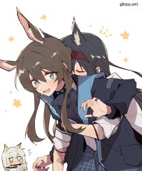 Rule 34 | 3girls, :&lt;, :d, amiya (arknights), animal ears, arknights, ascot, bandaid, bandaid on arm, black ascot, black hair, blaze (arknights), blue eyes, blush, brown hair, cat ears, cat girl, cat tail, chibi, chibi inset, commentary request, dated commentary, extra ears, closed eyes, fang, green eyes, hair between eyes, hairband, hand up, highres, hug, hug from behind, jacket, jewelry, kal&#039;tsit (arknights), kyou 039, long hair, long sleeves, looking at viewer, multiple girls, multiple rings, neck ring, open mouth, plaid, plaid skirt, rabbit ears, rabbit girl, red hairband, ring, shirt, short sleeves, sidelocks, simple background, skirt, smile, tail, thumb ring, white background, white shirt, yuri