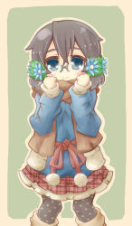 Rule 34 | 10s, 1girl, animal print, black pantyhose, blue eyes, blue sweater, brown hair, brown scarf, cat print, closed mouth, flower, glasses, green background, hair between eyes, hair flower, hair ornament, head tilt, highres, long sleeves, looking at viewer, outline, outside border, pantyhose, plaid, plaid skirt, red skirt, scarf, semi-rimless eyewear, sinon, skirt, smile, solo, sweater, sword art online, ten usagi