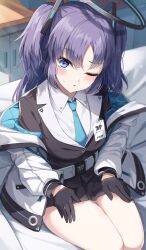 Rule 34 | 1girl, bed sheet, black gloves, black skirt, blazer, blue archive, blue eyes, blue necktie, blush, collared shirt, commentary request, gloves, hair ornament, halo, highres, id card, igayan, indoors, jacket, lap pillow invitation, looking at viewer, mechanical halo, medium hair, miniskirt, necktie, one eye closed, open clothes, open jacket, purple hair, raised eyebrow, school uniform, seiza, shirt, sitting, skirt, solo, sweatdrop, thighs, twintails, two-sided fabric, two-sided jacket, white jacket, white shirt, yuuka (blue archive)