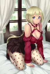 Rule 34 | 1girl, bare shoulders, black bra, blue eyes, bra, breasts, cleavage, cleavage cutout, clothing cutout, curtains, detached sleeves, elf, glasses, green hair, heart, heart print, highres, houtengeki, kneeling, lace, lace-trimmed bra, lace trim, large breasts, long hair, long sleeves, looking at viewer, on bed, original, pantyhose, patterned legwear, pince-nez, pointy ears, ponytail, print pantyhose, shirt, short hair, skirt, solo, underwear, very long hair, white pantyhose, window