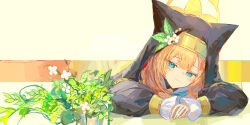 1girl absurdres animal_ear_headwear animal_ears blonde_hair blue_archive blue_eyes closed_mouth coif commentary fake_animal_ears flower habit hair_between_eyes hair_flower hair_ornament halo highres ichika_(ichika87) leaf light_blush long_hair long_sleeves mari_(blue_archive) nun orange_hair plant portrait smile solo straight-on symbol-only_commentary white_background white_flower yellow_halo