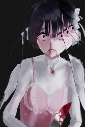 Rule 34 | 1girl, absurdres, ahoge, black background, black hair, blood, blood from mouth, blood on clothes, bloody knife, bow, breasts, broken mirror, camisole, camisole over clothes, choppy bangs, clenched teeth, crying, crying with eyes open, frilled camisole, frills, furrowed brow, glass, grimace, hair bow, highres, holding, holding knife, injury, knife, layered clothes, long sleeves, looking at viewer, mirror, multiple hair bows, nosebleed, original, pink camisole, pink eyes, raised eyebrows, reflection focus, romaji commentary, shirt, short hair, simple background, small breasts, sweat, tears, teeth, two side up, uotak, upper body, white bow, white shirt