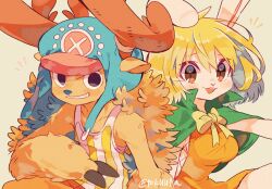 Rule 34 | 1boy, 1girl, alternate form, animal ears, antlers, blonde hair, brown eyes, cape, carrot (one piece), close-up, commentary, cross, dress, green cape, hat, highres, horns, looking at viewer, notice lines, one piece, orange dress, rabbit ears, rabbit girl, reindeer antlers, shirt, short hair, simple background, smile, striped clothes, striped shirt, tokuura, tony tony chopper, twitter username, upper body, vertical-striped clothes, vertical-striped shirt