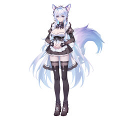 Rule 34 | 1girl, absurdres, animal ears, antenna hair, black thighhighs, boots, breasts, cleavage, dress, fox ears, fox girl, fox tail, full body, grey hair, highres, jewelry, kirby d a, large breasts, long hair, looking at viewer, maid, original, purple eyes, ring, simple background, smile, solo, standing, tachi-e, tail, thigh boots, thighhighs, thighhighs under boots, very long hair, white background, white dress