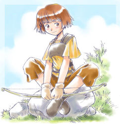 Rule 34 | armor, boots, bow (weapon), brown eyes, brown hair, cloud, day, dorothy (fire emblem), fire emblem, fire emblem: the binding blade, grass, indian style, crossed legs, lowres, mizuna tomomi, nintendo, rock, short hair, sitting, sky, solo, weapon