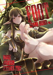 Rule 34 | 1girl, angry, breasts, brown hair, chain, couch, detached sleeves, disgust, english text, fate (series), feet, foot focus, large breasts, long hair, nails, orange eyes, pointy ears, semiramis (fate), sitting, torichamaru, window