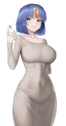 Rule 34 | 1girl, absurdres, arm behind back, blue eyes, blue hair, blush, breasts, bright pupils, cellphone, collarbone, covered navel, dongtan dress, dress, goback, grey dress, grin, highres, large breasts, long sleeves, looking at phone, meme attire, mole, mole under eye, ofuda, ofuda on head, original, phone, see-through silhouette, selfie, short hair, simple background, smile, solo, taut clothes, taut dress, white background, white pupils