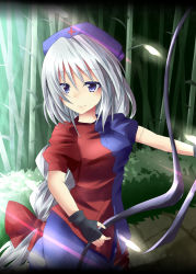 Rule 34 | 1girl, bad id, bad pixiv id, blue eyes, bow (weapon), female focus, forest, gloves, hat, highres, miyaoi, nature, nurse cap, outdoors, plant, short hair, silver hair, skirt, smile, solo, touhou, weapon, yagokoro eirin