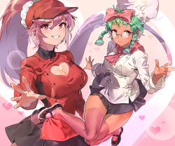 Rule 34 | 2girls, aeshleigh, baseball cap, black skirt, bow, braid, breasts, chef, chef hat, cleavage, cleavage cutout, clothing cutout, commentary, dark-skinned female, dark skin, employee uniform, english commentary, glasses, green hair, grin, hair bow, hair ornament, hair scrunchie, hat, heart, heart background, heart cutout, highres, i love you, colonel sanders!, kfc, large breasts, long hair, medium breasts, miriam (kfc), multiple girls, naso4, no bra, outstretched hand, pink bow, pink eyes, pink hair, pink legwear, ponytail, rimless eyewear, round eyewear, scrunchie, short hair, side braids, skirt, smile, sparkle background, thighhighs, twin braids, uniform, zettai ryouiki