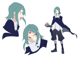 Rule 34 | 1girl, androgynous, aqua hair, belt, blue eyes, cape, contrapposto, expressions, forehead jewel, gem, high collar, highres, loafers, multiple views, orb, original, parted bangs, profile, prosthesis, prosthetic arm, red eyes, shirt, shoes, shorts, simple background, socks, standing, surprised, sweatdrop, sy-l-via, untucked shirt, white background