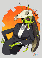 Rule 34 | 1girl, antennae, arthropod girl, black pants, breasts, collared shirt, cropped legs, extra arms, formal, grey background, half-closed eyes, head rest, highres, jacket, joints, kometsubu, large breasts, leaning to the side, mandibles, monster girl, office lady, original, pant suit, pants, red eyes, ringed eyes, shirt, simple background, skull on head, solo, suit, suit jacket, tabletop rpg