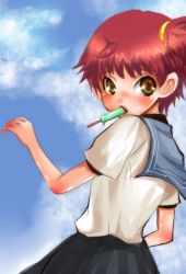 Rule 34 | 1girl, black skirt, blue sailor collar, blue sky, blush, cloud, day, eating, food, hair bobbles, hair ornament, looking at viewer, mouth hold, original, outdoors, popsicle, puffy short sleeves, puffy sleeves, red hair, sailor collar, school uniform, serafuku, shirt, short sleeves, side ponytail, skirt, sky, solo, white shirt, yellow eyes