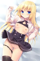 Rule 34 | 1girl, arm up, bed sheet, black bra, black panties, black skirt, black thighhighs, blonde hair, blue eyes, blush, bow, bow bra, bra, bra lift, breasts, censored, center frills, clothes lift, collared shirt, commentary request, frills, gluteal fold, hair between eyes, hand up, highres, juliet sleeves, lace, lace-trimmed skirt, lace trim, long hair, long sleeves, looking at viewer, lying, minatsuki alumi, mosaic censoring, nipples, on back, open clothes, open shirt, original, panties, panties around leg, parted lips, puffy sleeves, shirt, skirt, skirt lift, sleeves past wrists, small breasts, solo, thigh gap, thighhighs, underwear, very long hair, white shirt
