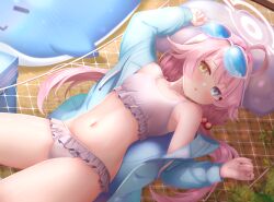 Rule 34 | 1girl, absurdres, arashiomoto, armpits, beach, beach mat, bikini, black jacket, blue archive, blue jacket, collarbone, commentary request, eyewear on head, frilled bikini, frills, hair between eyes, hair bobbles, hair ornament, halo, heterochromia, highres, hoshino (blue archive), hoshino (swimsuit) (blue archive), jacket, long hair, long sleeves, looking at viewer, low twintails, lying, navel, official alternate costume, on back, parted lips, sidelocks, sleeveless, solo, stomach, stuffed whale, sunglasses, swimsuit, twintails, white bikini