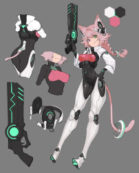 Rule 34 | 1girl, animal ears, armor, breasts, cat girl, commission, gun, heterochromia, highres, n9+, open mouth, original, pink hair, skeb commission, sword, tail, weapon