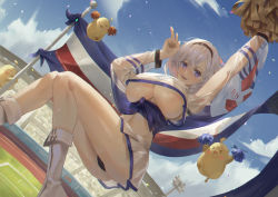 Rule 34 | 1girl, :d, absurdres, arms up, ass, azur lane, black hairband, black panties, blue eyes, blue sky, boots, bouncing breasts, breasts, cheerleader, cirilla lin, creature, day, dutch angle, feet out of frame, flag, hairband, highres, knee boots, large breasts, long sleeves, looking at viewer, manjuu (azur lane), midair, miniskirt, open mouth, outdoors, panties, pantyshot, pleated skirt, pom pom (cheerleading), reno (biggest little cheerleader) (azur lane), see-through, short hair, silver hair, skirt, sky, smile, stadium, underboob, underwear, v, white footwear, white skirt