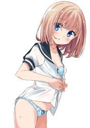Rule 34 | 1girl, absurdres, blue bra, blue eyes, blue panties, blush, bow, bow panties, bra, bra visible through clothes, breasts, cleavage, cowboy shot, highres, leaning forward, light brown hair, mousou (mousou temporary), no pants, panties, parted lips, partially unbuttoned, sailor collar, sailor shirt, see-through, shirt, short hair, simple background, small breasts, solo, underwear, undressing, wet, wet clothes, wet shirt, white background