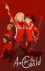Rule 34 | 4girls, blonde hair, blue eyes, brown eyes, brown hair, curling, english text, female focus, gradient background, happy, looking at viewer, multiple girls, olympics, playing sports, red background, red theme, russia, simple background, smile