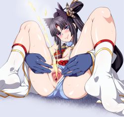 Rule 34 | 1girl, 846-gou, black hair, blush, censored, hair ornament, highres, japanese clothes, panties, panties aside, peeing, pussy, side ponytail, sitting, smile, solo, spread pussy, underwear, ushiwakamaru (fate)