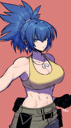 Rule 34 | 1girl, abs, bare shoulders, belt, blue eyes, blue hair, breasts, cargo pants, cleavage, crop top, dog tags, earrings, gloves, highres, jewelry, large breasts, leona heidern, muscular, muscular female, navel, pants, ponytail, pouch, ryo yo shi, snk, soldier, solo, tank top, the king of fighters, the king of fighters xv, triangle earrings, yellow tank top