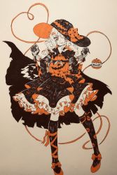 Rule 34 | 1girl, adapted costume, anderson m0311, black legwear, bow, cape, food-themed hair ornament, frilled shirt collar, frilled sleeves, frills, gloves, hair ornament, halloween, halloween costume, hat, hat bow, hat ribbon, heart, heart of string, highres, jack-o&#039;-lantern, komeiji koishi, looking at viewer, medium hair, orange eyes, photo (medium), pumpkin, pumpkin hair ornament, pumpkin hat, ribbon, spot color, standing, tongue, tongue out, touhou, traditional media, wavy hair, white background, witch hat