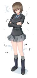 Rule 34 | 1girl, belt, black belt, black feathers, black jacket, black necktie, blue footwear, boots, closed mouth, commentary, crossed arms, depayama (depaty), dress shirt, epaulettes, feathers, frown, full body, girls und panzer, glaring, grey shirt, grey skirt, grey socks, highres, jacket, kneehighs, long sleeves, looking at viewer, military, military uniform, miniskirt, necktie, niedersachsen military uniform, nishizumi maho, pleated skirt, shirt, simple background, skirt, socks, solo, standing, uniform, white background, wing collar