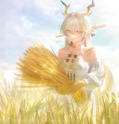 Rule 34 | 1girl, absurdres, antlers, arknights, bare shoulders, blonde hair, blue hair, branch, breasts, cloud, colored skin, day, dress, earrings, green eyes, guang quan, hair between eyes, hair ornament, hair stick, highres, holding wheat, horns, jewelry, light smile, long hair, long sleeves, looking at viewer, outdoors, pointy ears, shu (arknights), sky, small breasts, solo, tassel, tassel earrings, very long hair, wheat field, white dress, white hair