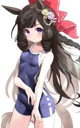 Rule 34 | 1girl, animal ears, bare arms, bare shoulders, black hair, blue one-piece swimsuit, bow, braid, breasts, collarbone, commentary request, drill hair, flower, hair bow, hair flower, hair ornament, highres, horse ears, horse girl, horse tail, long hair, meyamu, one-piece swimsuit, pink flower, pink rose, red bow, rose, side drill, simple background, small breasts, solo, swimsuit, tail, twin drills, umamusume, very long hair, white background, yellow flower, yellow rose