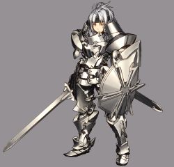 Rule 34 | 1girl, armor, boots, brown eyes, full body, grey background, grey hair, headband, holding, holding sword, holding weapon, knight, looking at viewer, matsuki akira, original, sheath, shield, solo, standing, sword, weapon