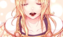 Rule 34 | 10s, 1girl, 2014, armor, beancurd, blonde hair, chocolate, close-up, closed eyes, collarbone, dated, eyelashes, facing viewer, league of legends, leaning forward, lips, long hair, lux (league of legends), open mouth, pauldrons, shoulder armor, signature, simple background, solo