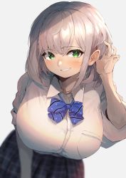 Rule 34 | 1girl, absurdres, bent over, blue bow, blue bowtie, blue skirt, blush, bow, bowtie, braid, breast pocket, breasts, collared shirt, french braid, green eyes, grey hair, hair ornament, hairclip, highres, hololive, large breasts, looking at viewer, miniskirt, official alternate costume, ohako (ohako1818), parted lips, plaid, plaid skirt, pocket, school uniform, shirogane noel, shirogane noel (school uniform), shirt, shirt tucked in, short hair, single braid, skirt, solo, virtual youtuber, wavy mouth