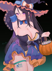Rule 34 | 1girl, armpits, beijuu, black background, black hair, blue bow, blue bowtie, bow, bowtie, breasts, cleavage, closed mouth, cowboy shot, detached sleeves, dress, earrings, gradient background, green background, hair between eyes, halloween, halloween bucket, halloween costume, hat, highres, jewelry, large breasts, long hair, long sleeves, original, purple hair, solo, thigh strap, witch hat