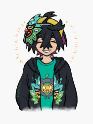 Rule 34 | 1boy, artist name, black hair, black hoodie, closed eyes, colored inner hair, commentary, creatures (company), cropped torso, crossed bangs, emphasis lines, english commentary, game freak, green shirt, hairband, happy, hood, hoodie, kieran (pokemon), male focus, mask, mole, mole on neck, multicolored hair, nintendo, ogerpon, ogerpon (teal mask), open clothes, open hoodie, pokemon, pokemon sv, print hoodie, print shirt, purple hair, shirt, shiseptiana, short hair, simple background, smile, solo, teeth, thick eyebrows, twitter username, two-tone hair, unworn mask, white background, yellow hairband